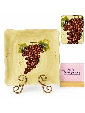 Tabletops CABERNET Rippled Hand Painted Red Grapes Ceramic Dinner Plate Platter